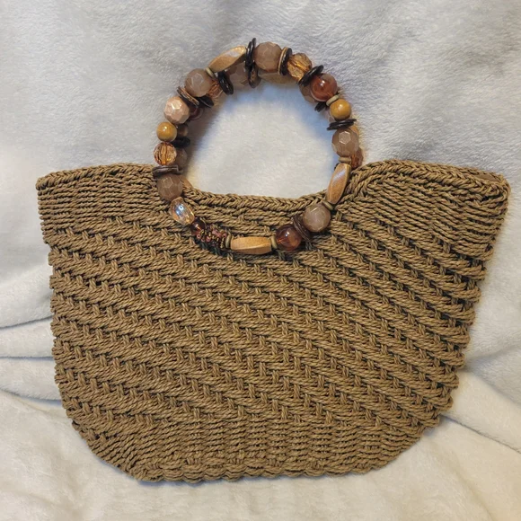 Poppie Jones Brown Woven Handbag with Beaded Handle - Picture 1 of 8